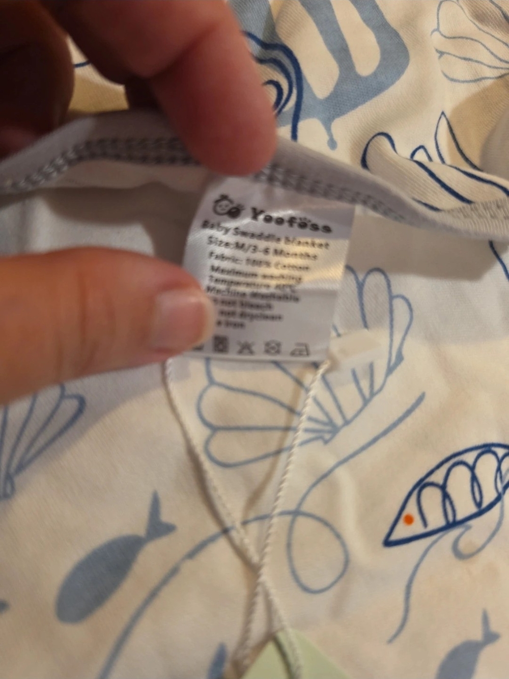 OOFOS Kids Sleep Sack Pajama - White with Blue Fish Print and Orange Accent